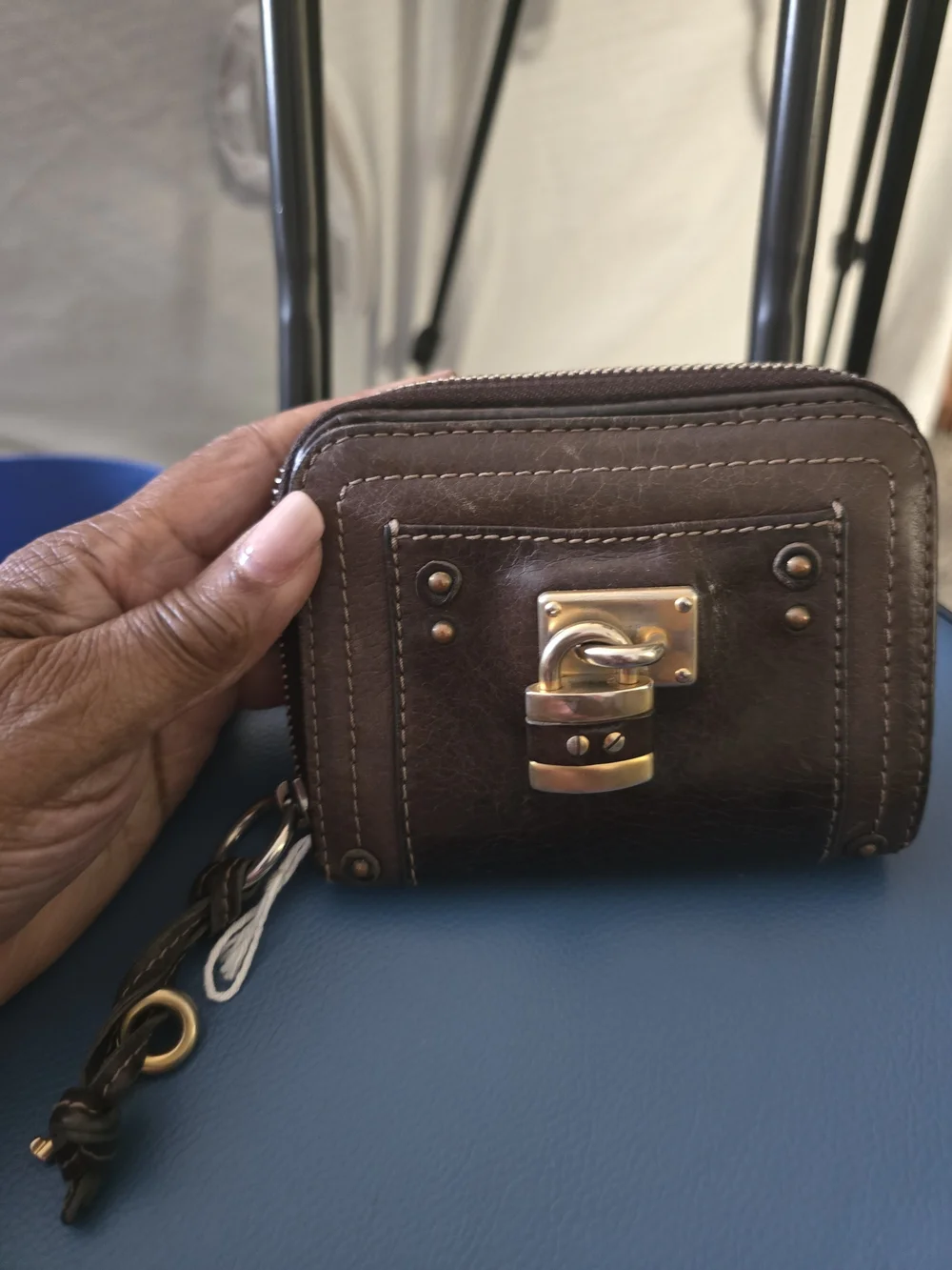 Chloé Brown Leather Zip Wallet with Gold Tone Padlock